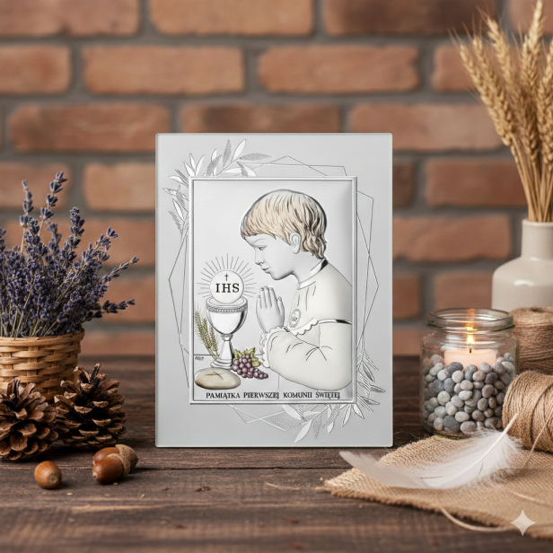 Obrazek srebrny dla chłopca na I Komunię Święta w aranżacji