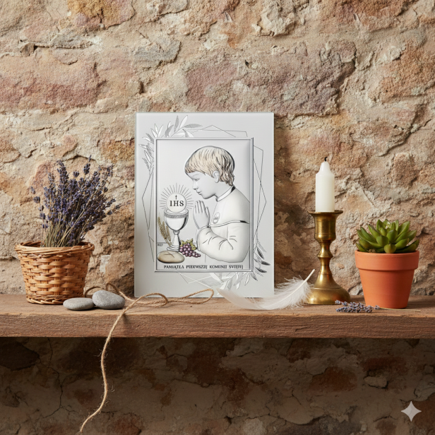 w aranżacji rustykalnej srebrny obrazek komunijny dla chłopca
