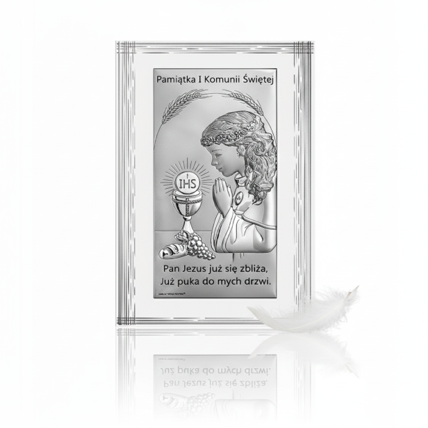 zdjęcie produktowe obrazka komunijnego srebrnego dla dziewczynki