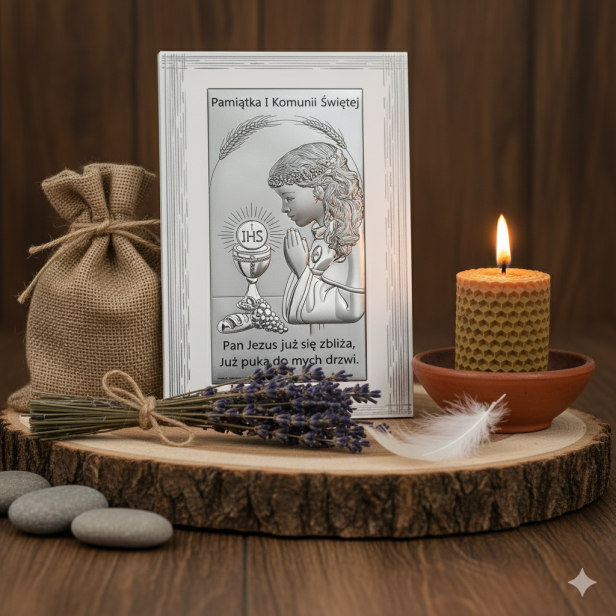 obrazek komunijny w aranżacji rustykalnej dla dziewczynki