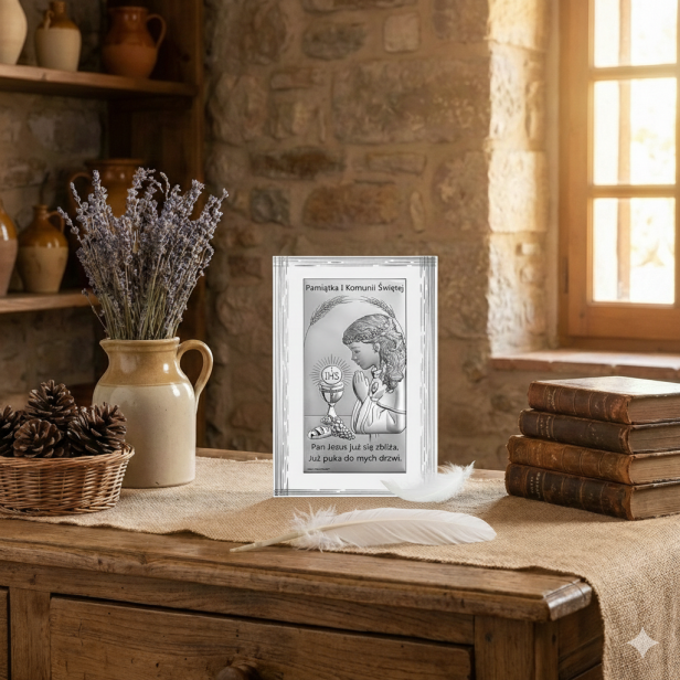 aranżacja rustykalna dla obrazka komunijnego dla dziewczynki