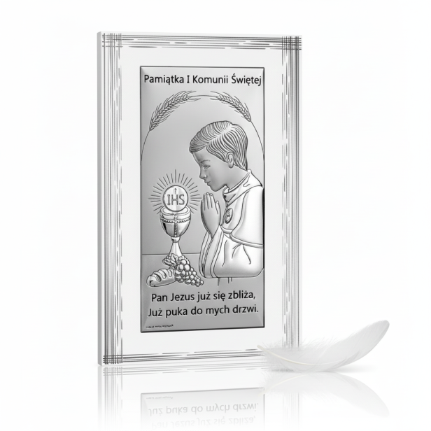 zdjęcie produktowe obrazka srebrnego komunijnego dla chłopca