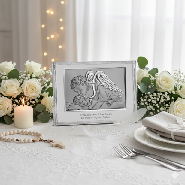 obrazek srebrny Anioł Stróż w aranżacji Chrztu Świętego