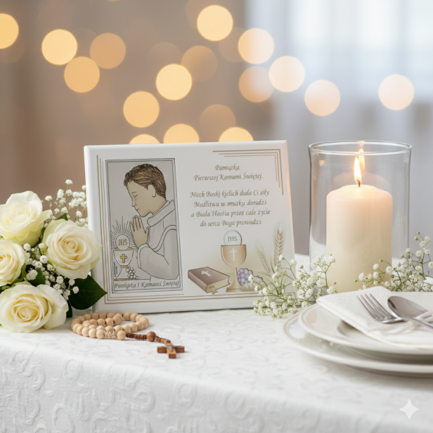 Aranżacja przyjęcia I Komunii Świętej z obrazkiem