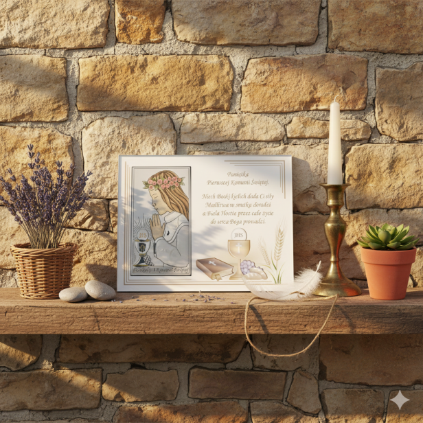 Aranżacja rustykalna dla Obrazek srebrny - I Komunia Święta DZIEWCZYNKA