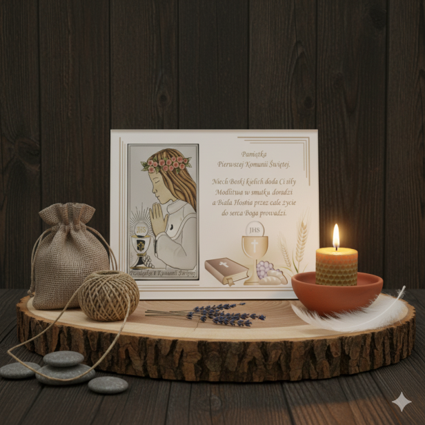 Obrazek srebrny - I Komunia Święta DZIEWCZYNKA w aranżacji rustykalnej ze zbliżeniem