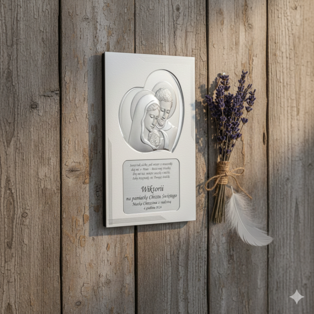 Obrazek srebrny 20x25 cm - Rodzina Święta z grawerem w zestawie w aranżacji na ścianie