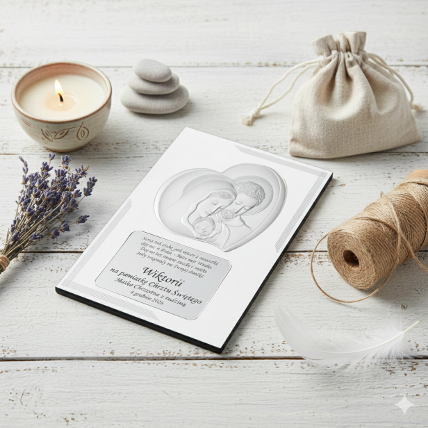 jasna aranżacja rustykalna obrazka srebrnego Święta Rodzina