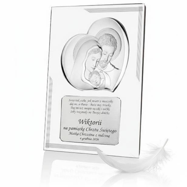Obrazek srebrny 20x25 cm - Rodzina Święta z grawerem w zestawie w aranżacji packshotowej