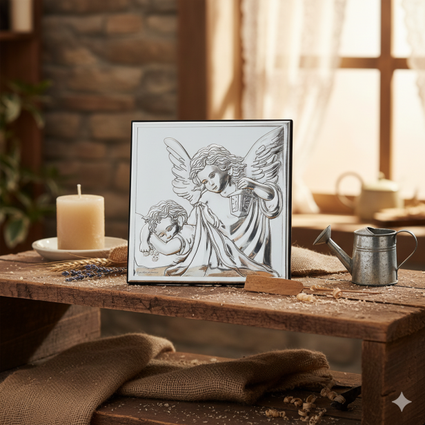 Obrazek srebrny Anioł Stróż 12×12 na ciemnym drewnie w aranzacji
