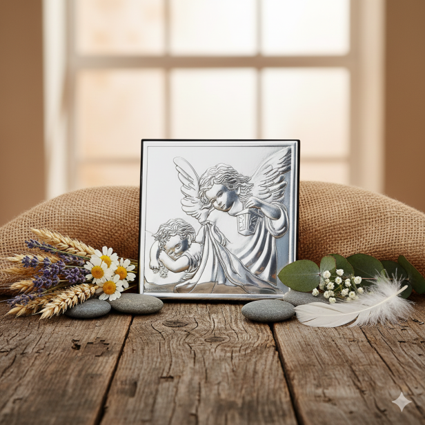 Aranżacja rustykalna  Obrazka srebrnego Anioł Stróż 12×12 na ciemnym drewnie