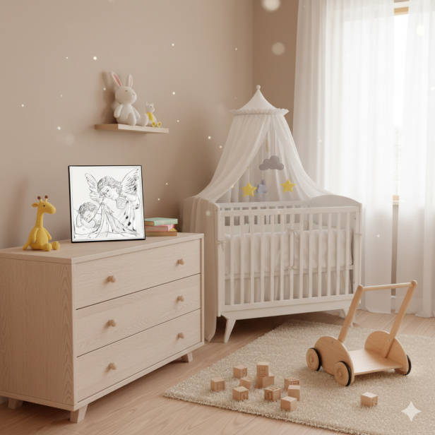 w pokoju dziecięcym aranżacja obrazka srebro Anioł Stróż