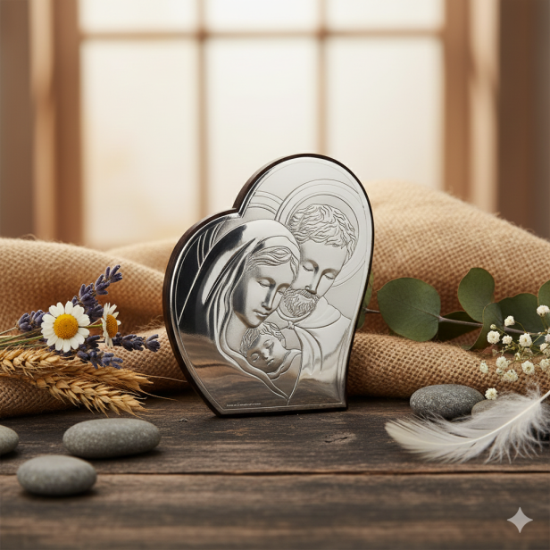 Srebrny OBRAZEK Rodzina Święta w aranżacji rustykalnej