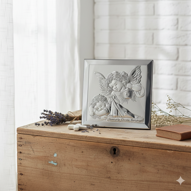 Obrazek srebrny Anioł Stróż z latarenką w jasnej rustykalnej aranżacji na skrzyni