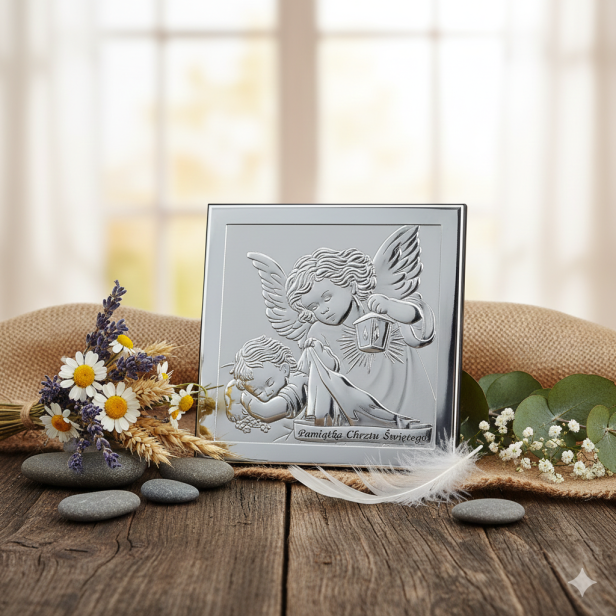 Obrazek srebrny Anioł Stróż z latarenką - aranżacja rustykalna