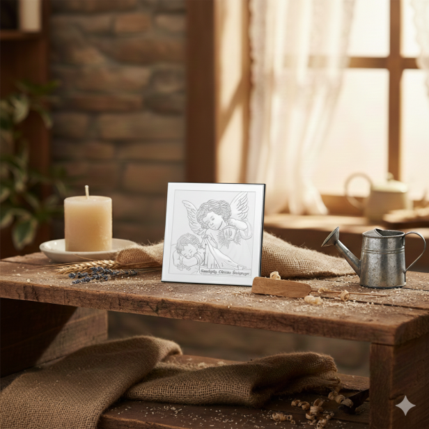 Obrazek srebrny Anioł Stróż z latarenką w aranżacji rustykalnej