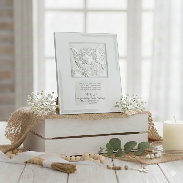 Obrazek srebrny 20x25 cm - Twój Anioł Stróż z grawerem w zestawie