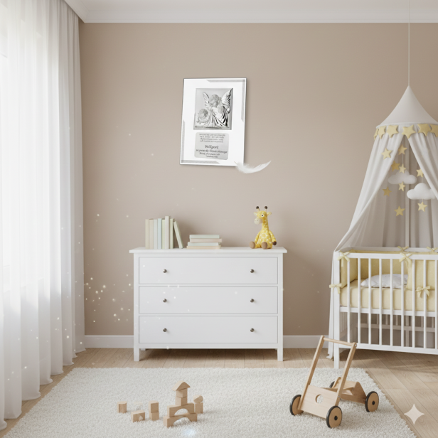 Obrazek srebrny 20x25 cm - Twój Anioł Stróż  w zestawie w aranżacji na scianie