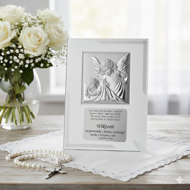 Obrazek srebrny 20x25 cm - Twój Anioł Stróż z grawerem w zestawie w jasnej aranżacji Chrztu Świętego