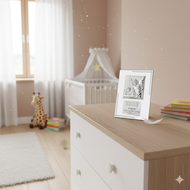 Obrazek srebrny 20x25 cm - Twój Anioł Stróż z grawerem w zestawie na komodzie