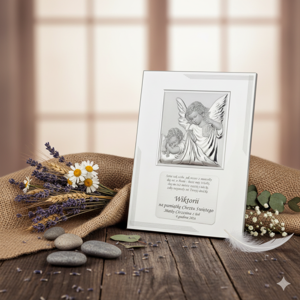 Obrazek srebrny 20x25 cm - Twój Anioł Stróż z grawerem w zestawie w aranżacji rustykalnej