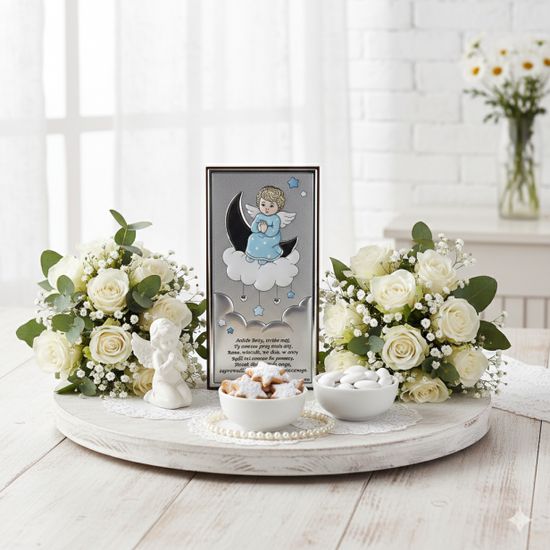Obrazek srebrny Aniołek na chmurce niebieski w aranżacji Chrztu Świętego