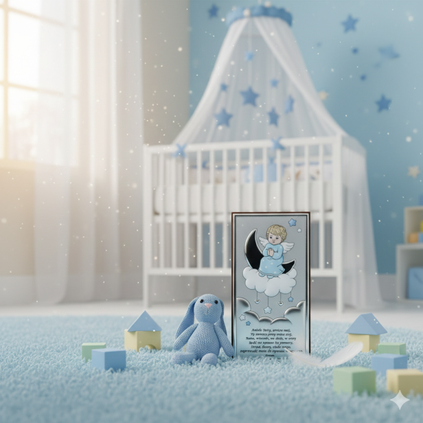 Obrazek srebrny Aniołek na chmurce niebieski w aranżacjo pokoju małego księcia
