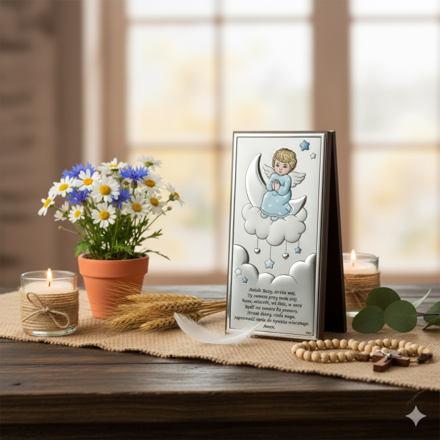 Obrazek srebrny Aniołek na chmurce niebieski aranżacji rustykalnej