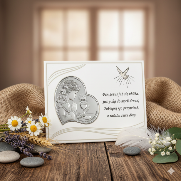 Obrazek srebrny - Pierwsza Komunia Święta na panelu dla dziewczynki w aranżacji rustykalnej