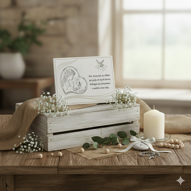 Obrazek srebrny - Pierwsza Komunia Święta na panelu dla dziewczynki - aranżacja