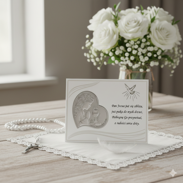 Obrazek srebrny - Pierwsza Komunia Święta na panelu dla dziewczynki w aranżacji komunijnej