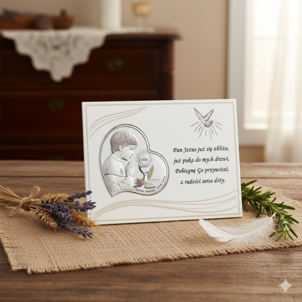 Obrazek srebrny - Pierwsza Komunia Święta na panelu w aranzacji