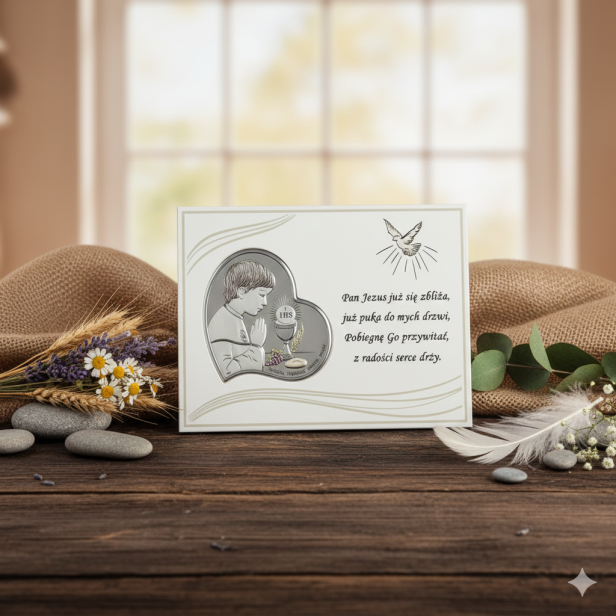 Obrazek srebrny - Pierwsza Komunia Święta na panelu w aranżacji rustykalnej