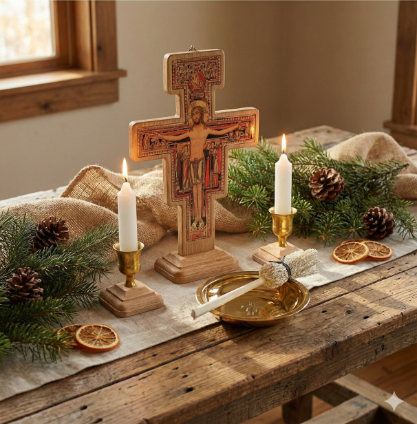 Elementy kompletu kolędowego – świece, świeczniki, krzyż