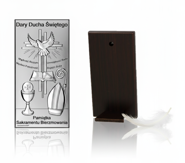 Obrazek srebrny Bierzmowanie 10×20 na ciemnym drewnie – Dary Ducha Świętego | ARGENTO SACRO™