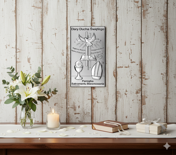 Obrazek srebrny Bierzmowanie na ścianie  w jasnej aranzacji