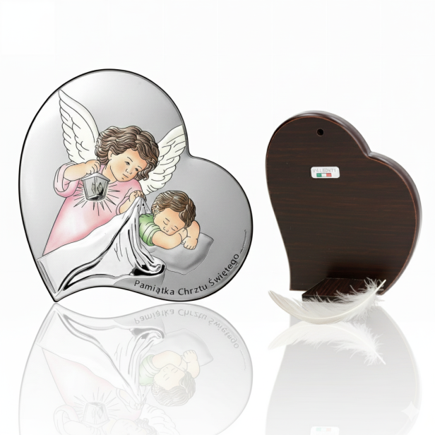 Obrazek srebrny Anioł Stróż w serduszku 13×13 – Pamiątka Chrztu Świętego | SILVER BAPTISM™
