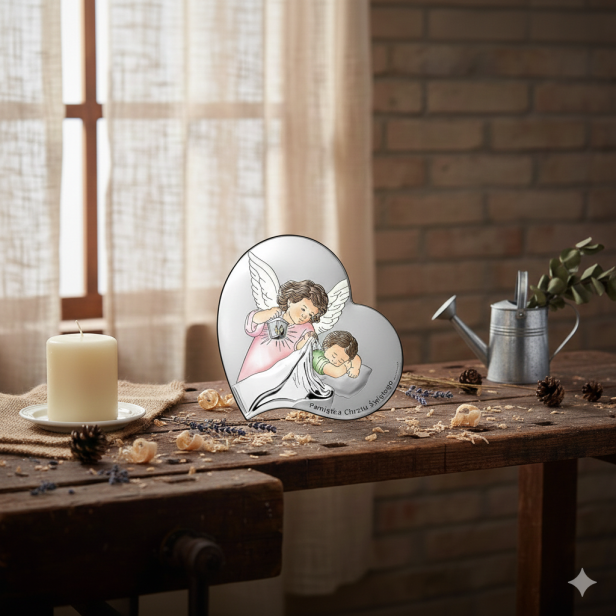 Detal kolorowego reliefu – anioł z latarenką.