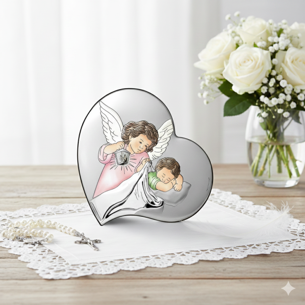 Srebrny obrazek Anioł Stróż w serduszku 13×13 – widok frontowy.