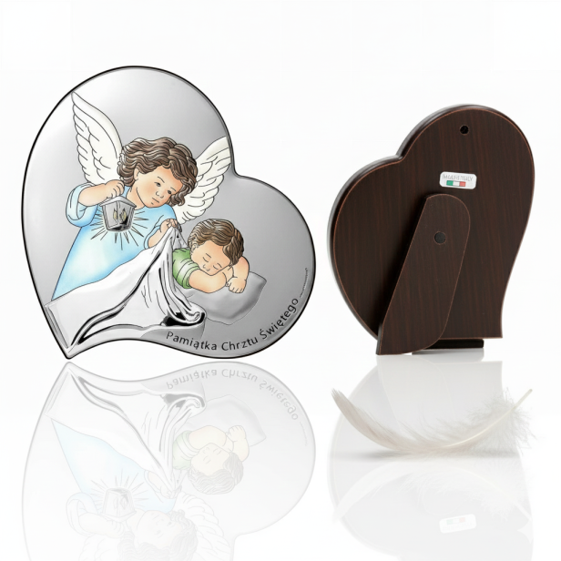 Obrazek srebrny Anioł Stróż w serduszku 13×13 – Chrzest Święty dla chłopca | SILVER BAPTISM™ (