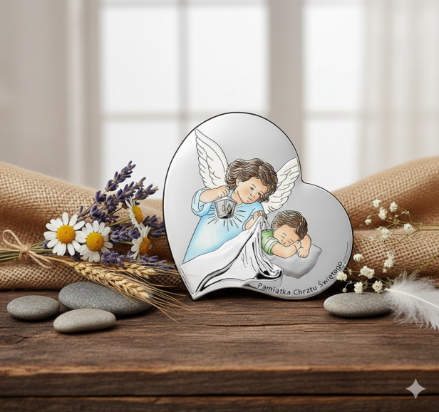 Srebrny obrazek Anioł Stróż w serduszku 13×13 – wersja dla chłopca.