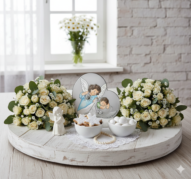 Obrazek srebrny Anioł Stróż w serduszku  w aranżacji na Chrzest Święty