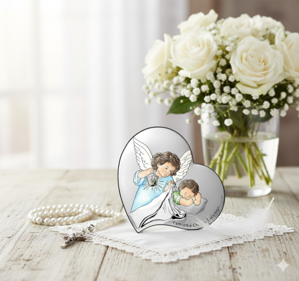 Obrazek srebrny Anioł Stróż w serduszku dla chłopca