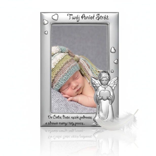 Srebrna ramka Aniołek z serduszkiem 10×15 – Chrzest, narodziny | SILVER BAPTISM™