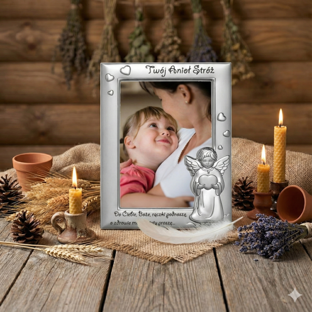 aranżacja rustykalna - Srebrna ramka ANIOŁEK Z SERDUSZKIEM