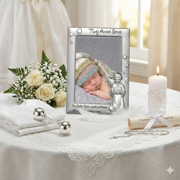 w aranżacji chrzcielnej - Srebrna ramka ANIOŁEK Z SERDUSZKIEM