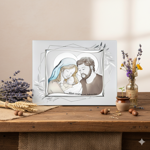 Obrazek srebrny Święta Rodzina – „Miłość cierpliwa jest, łaskawa jest…” w aranżacji na komodzie