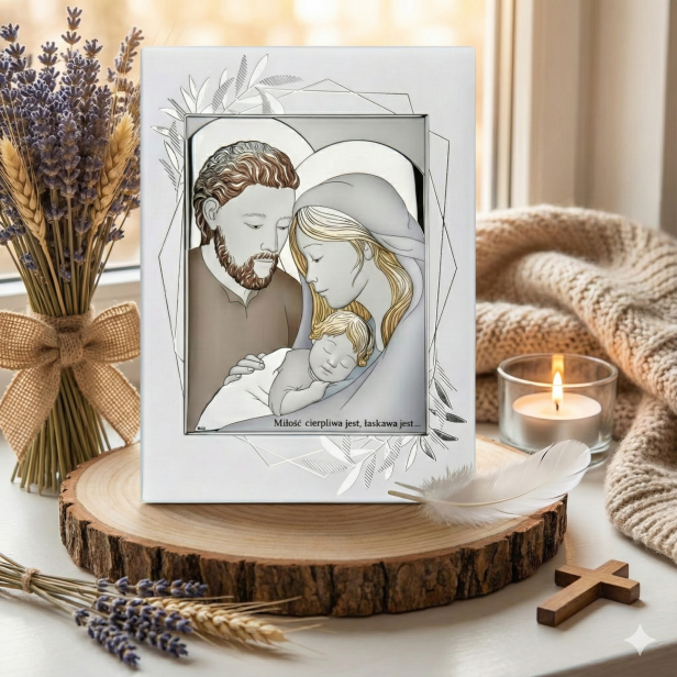 Obrazek srebrny „Święta Rodzina – Miłość cierpliwa jest” 20×15 cm | ARGENTO SACRO™