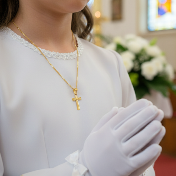 aranżacja komunijna Pozłacany krzyżyk srebrny pr. 925 z grawerem – Pamiątka wiary i miłości