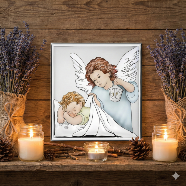 Obrazek srebrny Anioł Stróż z latarenką w aranżacji